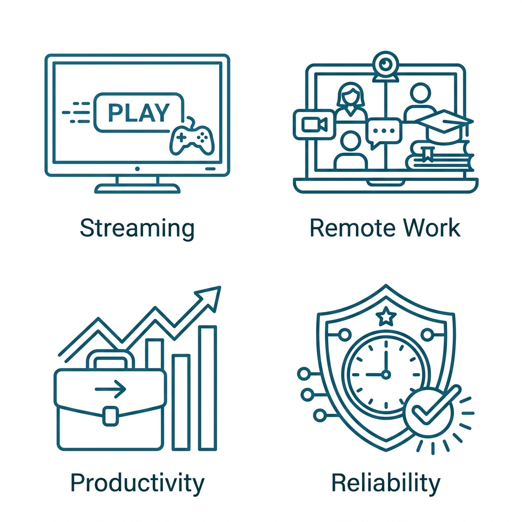 2x2 grid of modern outline icons depicting high-speed internet benefits: streaming and gaming, remote work, business productivity, and reliable local support in Pocatello.