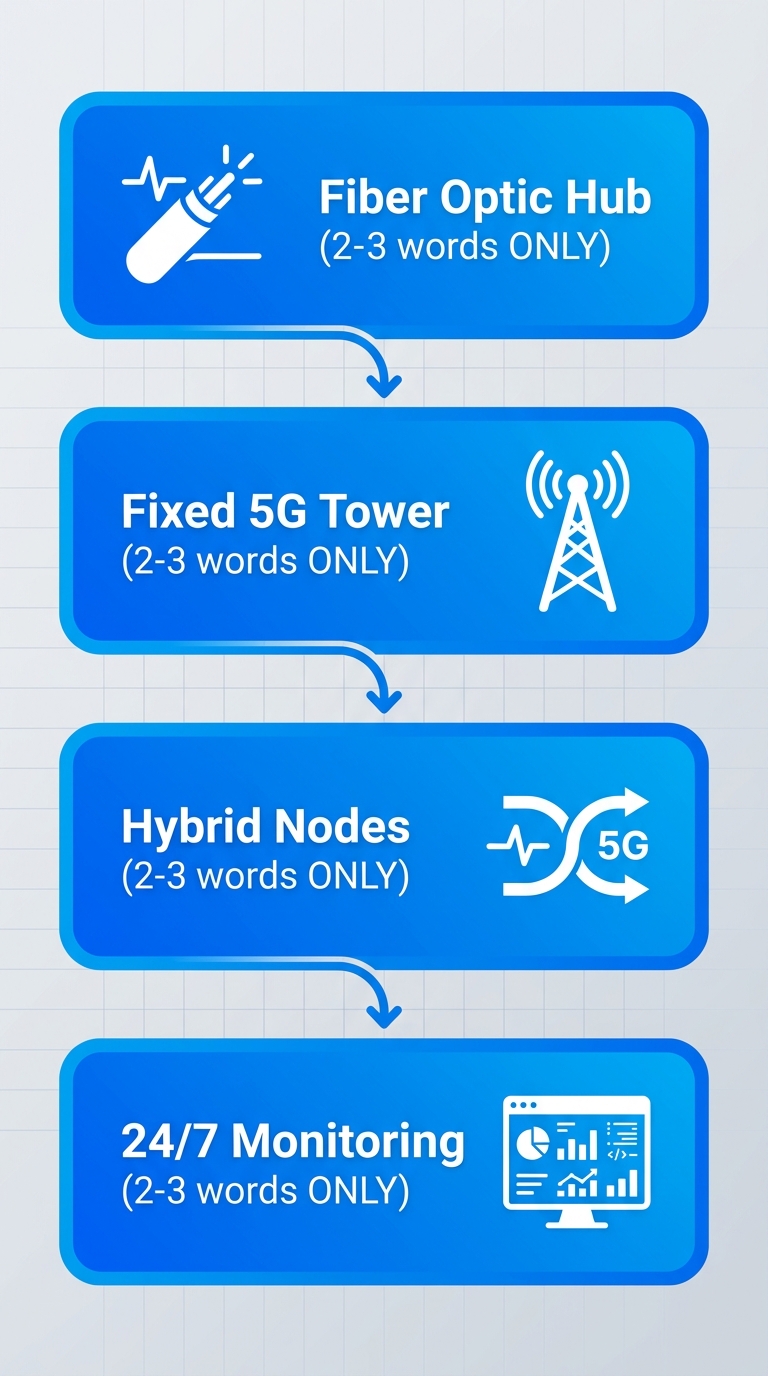 Vertical process flow diagram of high-speed hybrid fiber-5G internet delivery in Pocatello with four stages: fiber hub, 5G tower, hybrid nodes, and network monitoring.