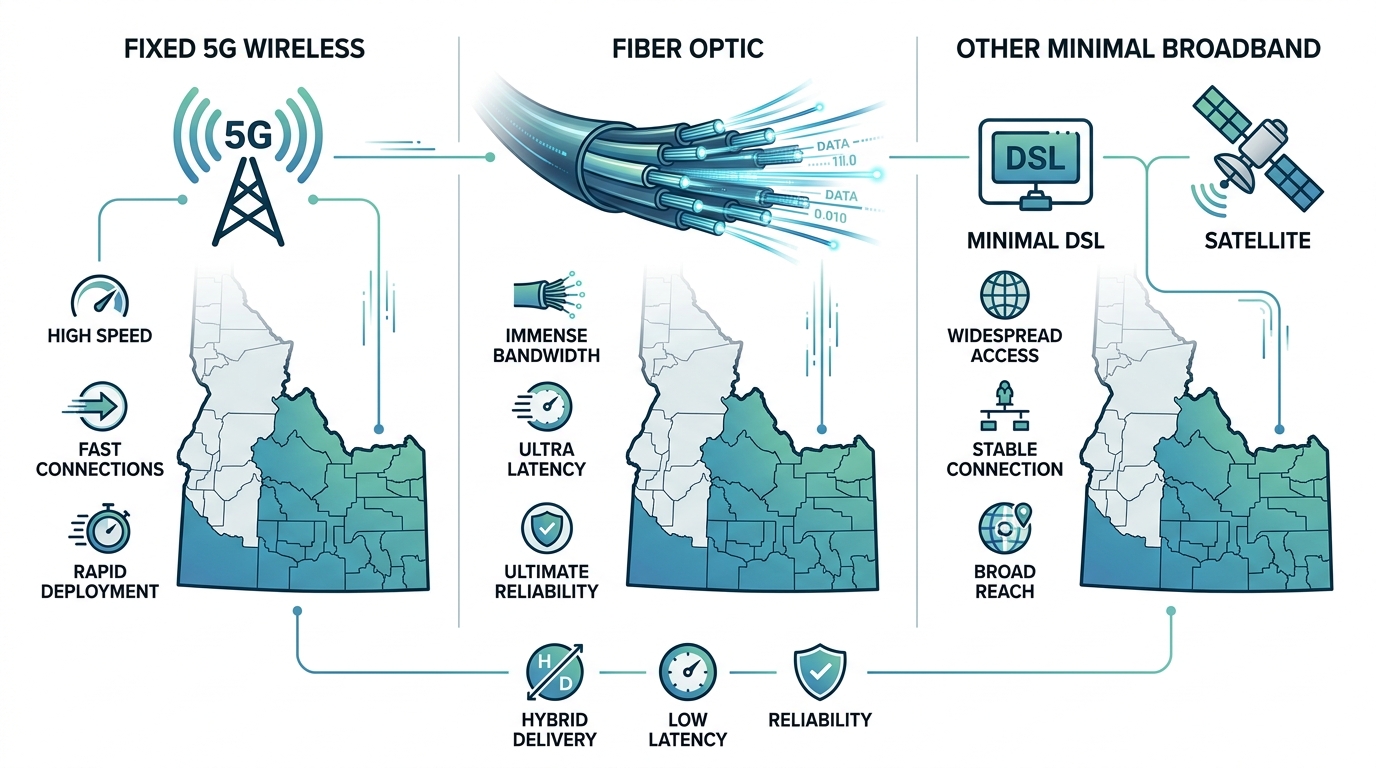 Infographic overview of broadband options in Castleford, Idaho: 5G wireless, fiber optic, DSL, satellite with coverage map