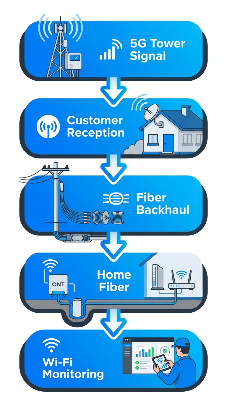 Vertical process flow diagram of five stages for fixed wireless and fiber internet in Castleford: 5G tower signal, customer reception, fiber backhaul, home fiber deployment, and in-home Wi-Fi monitoring with icons and arrows.