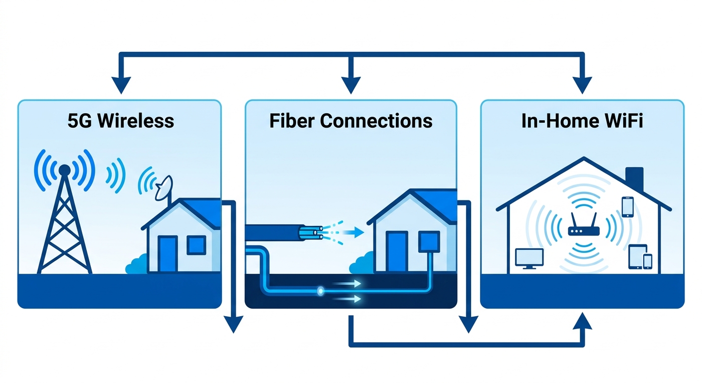 Horizontal process flow diagram showing three stages of fixed wireless and fiber internet delivery in Pocatello: 5G wireless technology, fiber optic connections, and in-home Wi-Fi setup.