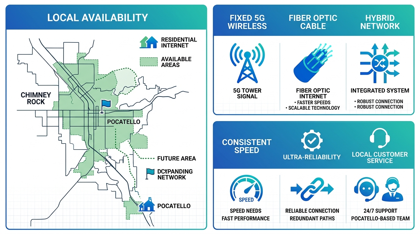 Infographic showing residential internet coverage map, connection types, and key factors in Pocatello, Idaho