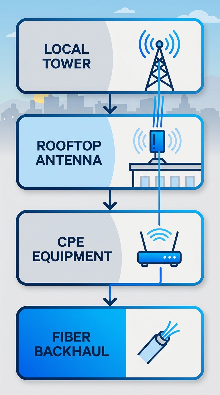 Vertical 4-step process flow diagram of fixed 5G wireless internet in Pocatello with tower, antenna, router, and fiber icons