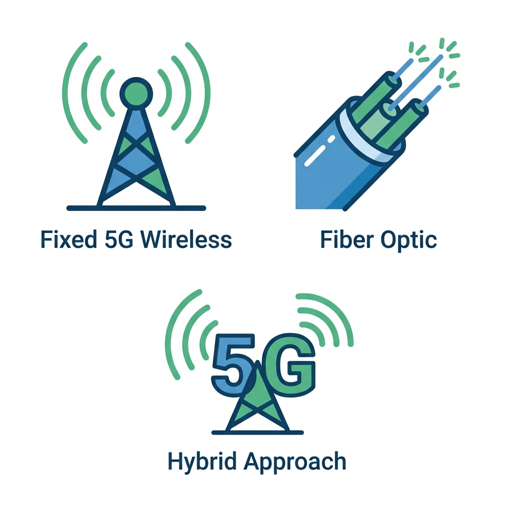 Grid of icons for high-speed internet options in Pocatello: fixed 5G wireless, fiber optic, and hybrid approach