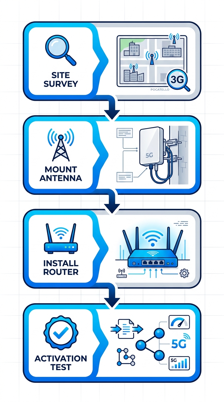 Vertical process flow illustrating 5G WiFi installation stages in Pocatello: site survey, antenna mounting, router installation, and activation testing.