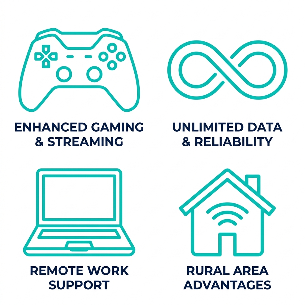 Square grid of icons depicting 5G WiFi benefits: gaming controller, unlimited data loop, laptop for remote work, house with rural signal waves.