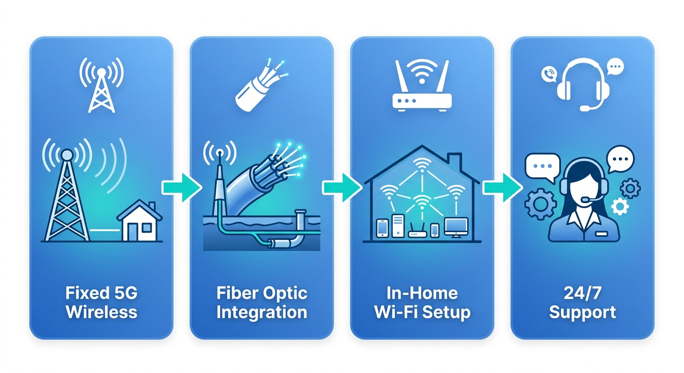 Horizontal process flow diagram of White Cloud Networks' four-stage internet delivery in Chubbuck: fixed 5G wireless, fiber integration, in-home Wi-Fi, and 24/7 support.