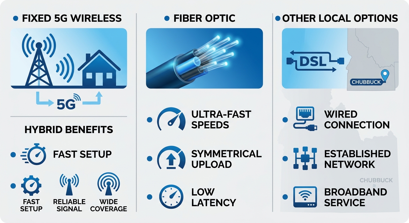 Infographic overview of home internet services in Chubbuck: fixed 5G wireless, fiber optic, and local DSL options with feature icons