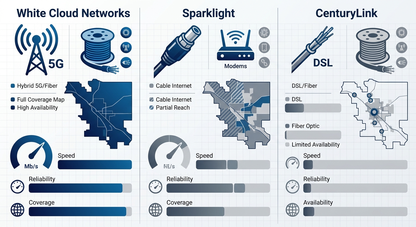 Three-column infographic comparing White Cloud Networks, Sparklight, and CenturyLink internet providers in Pocatello with technology icons and coverage outlines