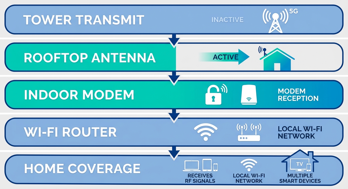 Vertical illustration of 5-step fixed wireless internet process from tower to home coverage in southern Idaho
