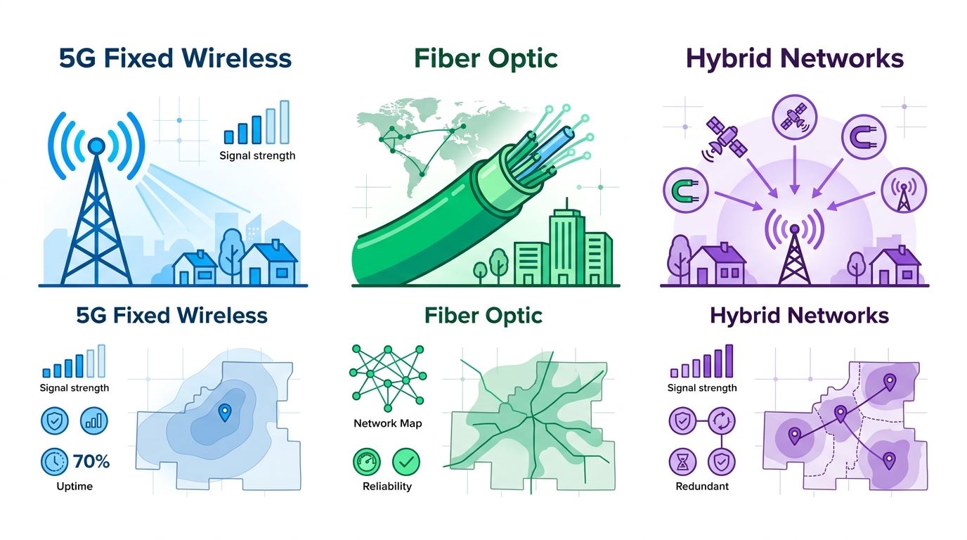 Infographic illustrating internet coverage options in American Falls: 5G wireless, fiber optic, hybrid networks with reliability indicators and coverage map.