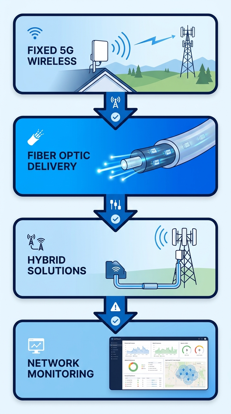 Vertical process flow diagram showing four stages of fixed wireless and fiber internet coverage: rooftop 5G antenna reception, fiber optic light pulses, hybrid fiber-wireless backhaul, and network monitoring dashboard with Wi-Fi mesh.