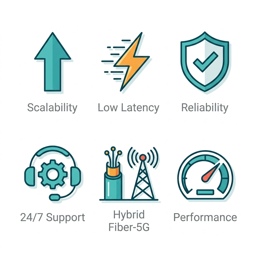 Square grid of 6 teal outline icons illustrating key fiber internet benefits for Pocatello businesses: scalability, low latency, reliability, 24/7 support, hybrid fiber-5G, performance
