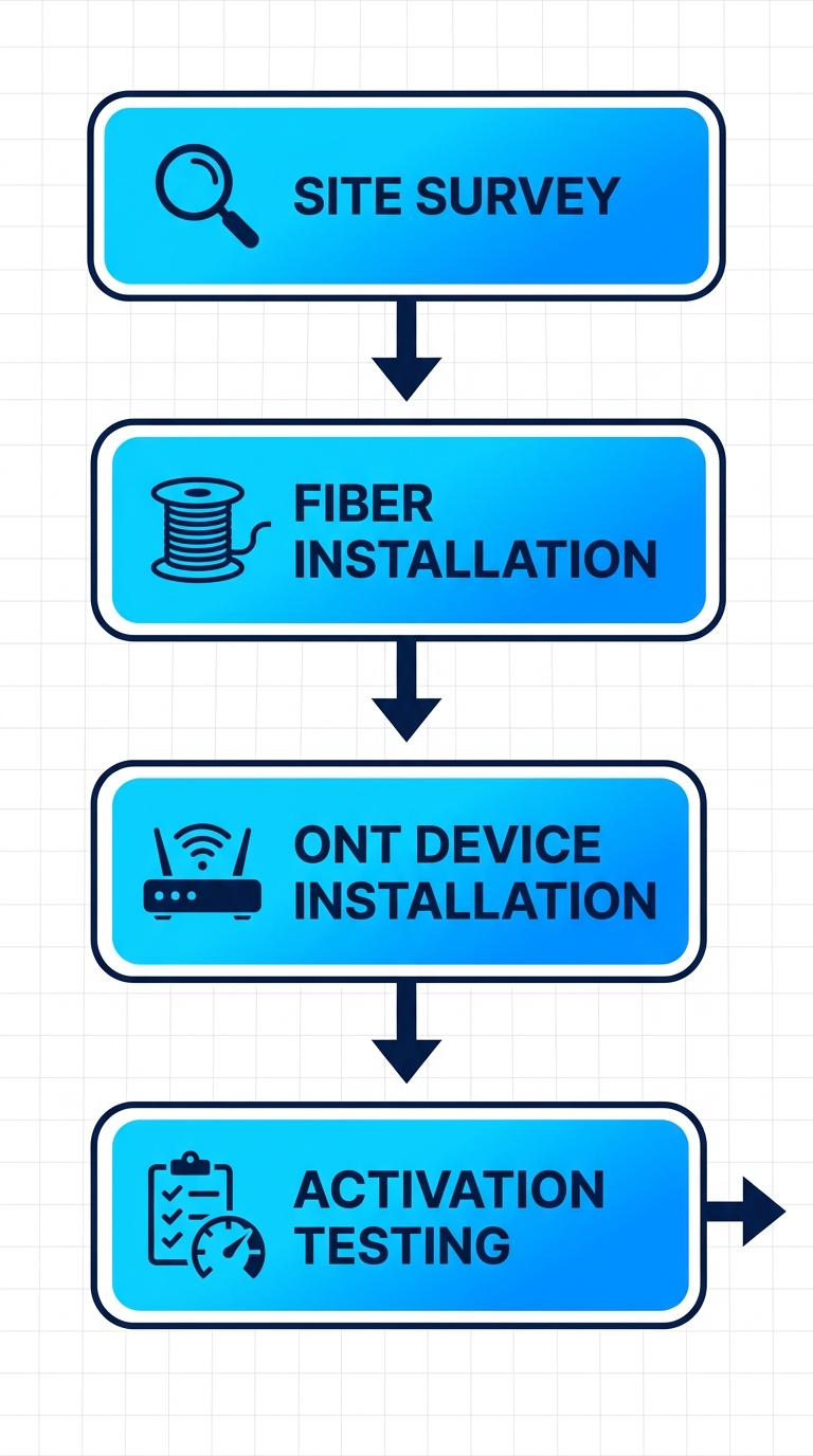 Vertical process flow diagram of four stages in fiber internet deployment for Pocatello businesses: site survey, fiber installation, ONT installation, and activation testing