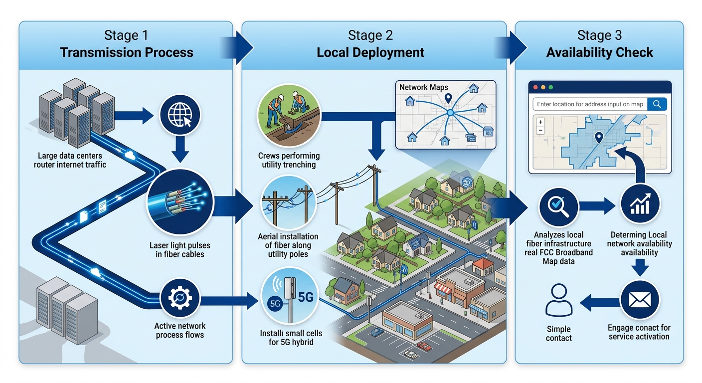 Horizontal process flow diagram with three stages: Transmission Process with laser pulses, Local Deployment with trenching and 5G hybrid, Availability Check with map and contact for fiber optic in Blackfoot, Idaho