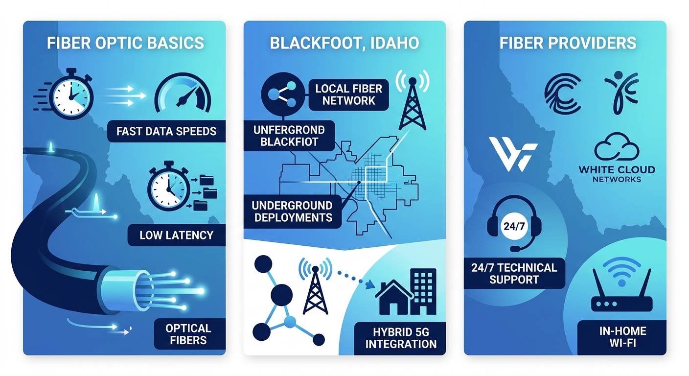 Infographic showing fiber optic internet basics, Blackfoot infrastructure map, and providers like White Cloud Networks with support icons