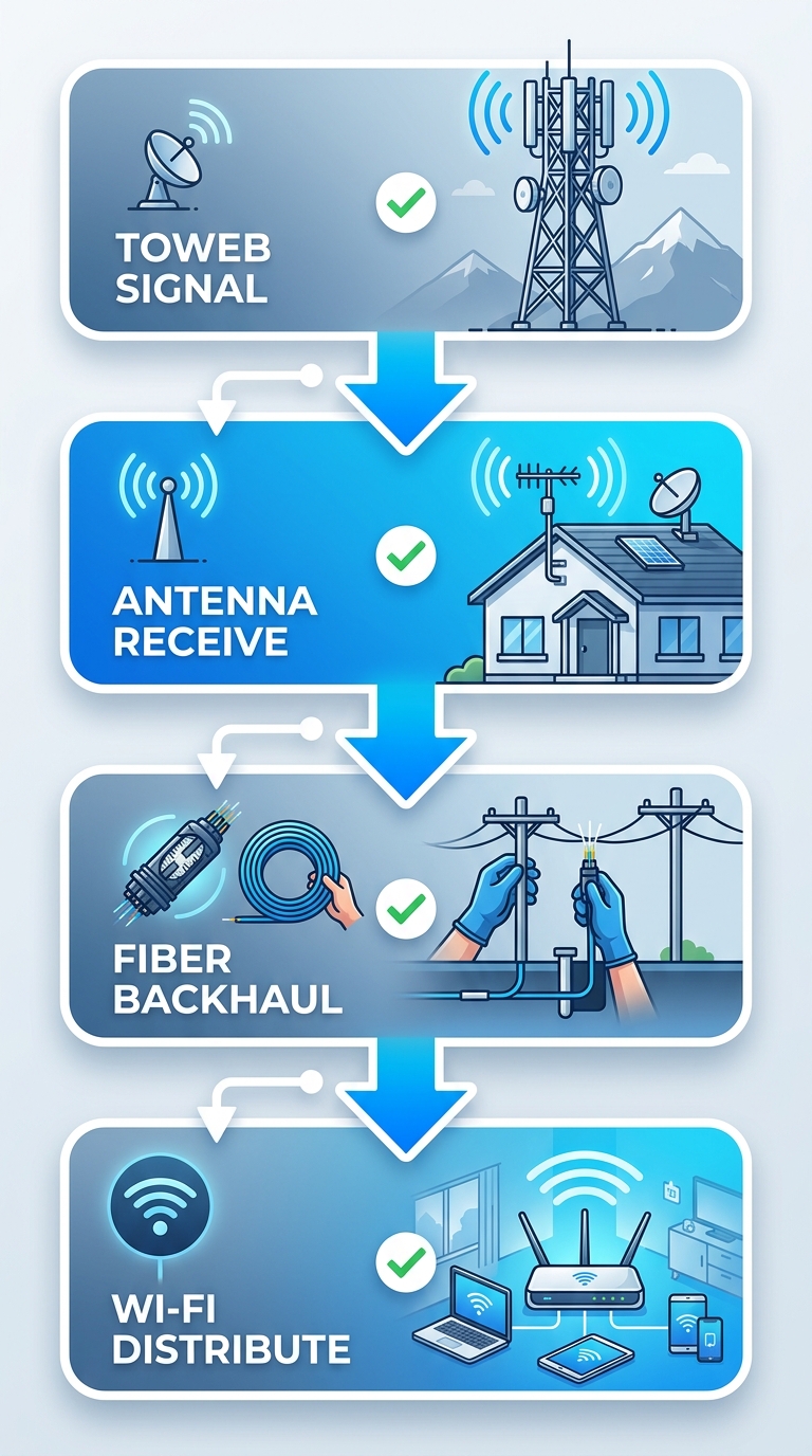 Vertical process flow diagram of fixed wireless high-speed internet delivery in Inkom, showing four stages from tower signal to home Wi-Fi.