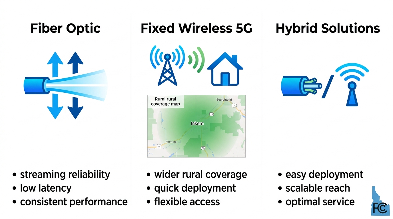 Infographic comparing Fiber Optic, Fixed Wireless 5G, and Hybrid high-speed internet options in Inkom, Idaho with icons and key features