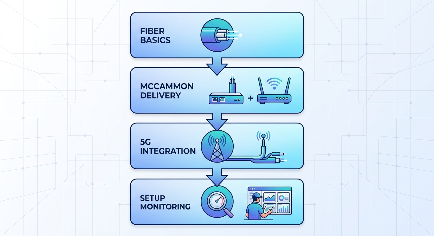 Vertical process flow diagram showing four stages of fiber internet operations in Mccammon by White Cloud Networks: fiber basics, local delivery, 5G integration, and setup monitoring.