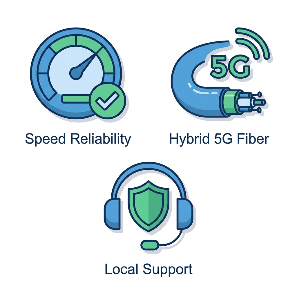 Square icon grid illustrating speed reliability, hybrid 5G fiber advantages, and local support for fiber internet in Mccammon