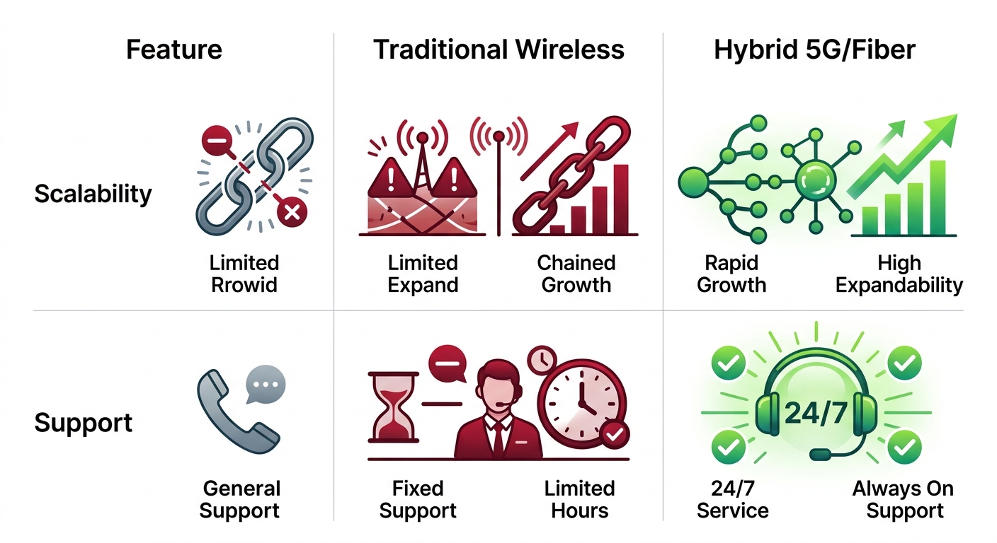 Infographic comparing traditional cellular limitations to White Cloud Networks hybrid 5G/fiber advantages in scalability and support for rural Idaho.