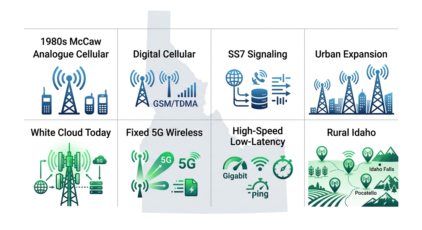 Infographic comparing early cellular technology milestones to modern fixed 5G wireless by White Cloud Networks in rural Idaho