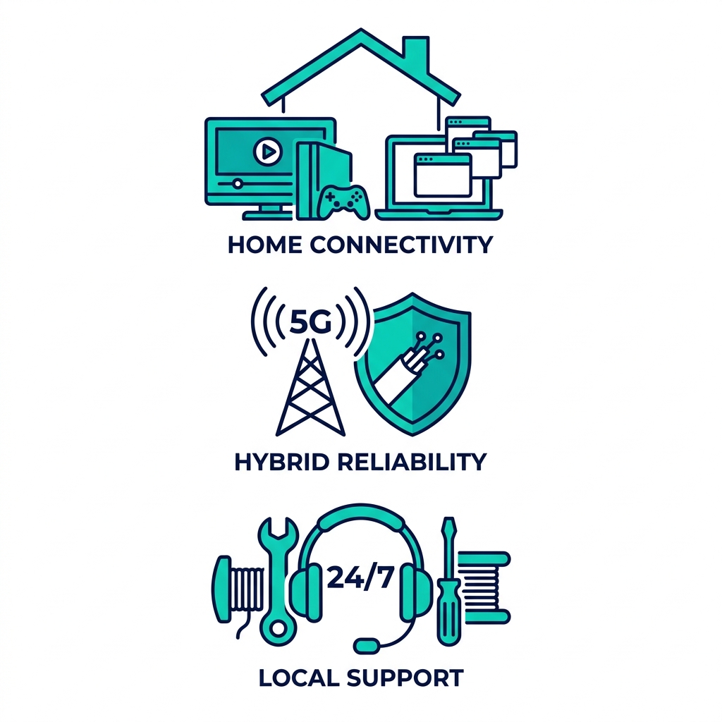 Vertical stack of icons illustrating high-speed internet benefits: home connectivity, hybrid reliability, and local support in Blackfoot, Idaho