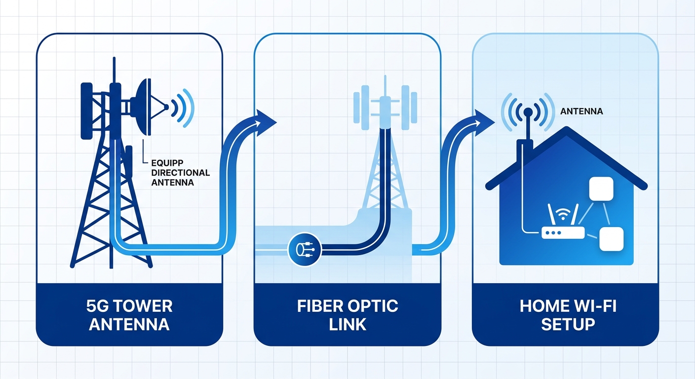 Horizontal process flow diagram illustrating fixed wireless internet stages: 5G tower antenna, fiber optic integration, and in-home Wi-Fi setup in Blackfoot, Idaho.