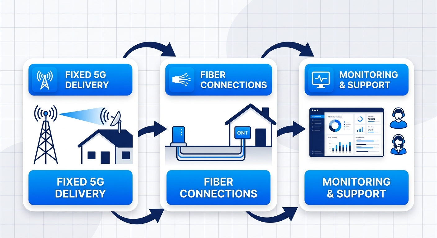 Process flow diagram illustrating three stages of home internet delivery: fixed 5G wireless, fiber optic connections, and network monitoring in Downey, Idaho
