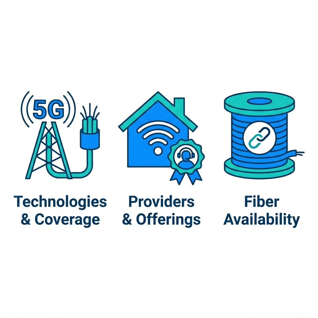 Square grid of three icons for home internet services in Downey, Idaho: technologies and coverage, providers and offerings, fiber availability