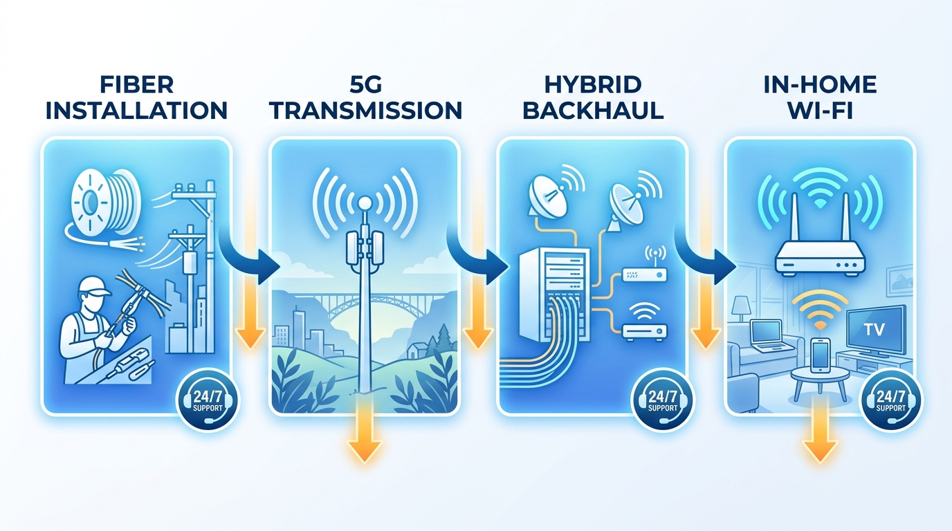 Horizontal process flow diagram illustrating four stages of fiber and wireless internet delivery in Twin Falls: fiber installation, 5G signal transmission, hybrid backhaul, and in-home Wi-Fi mesh network.