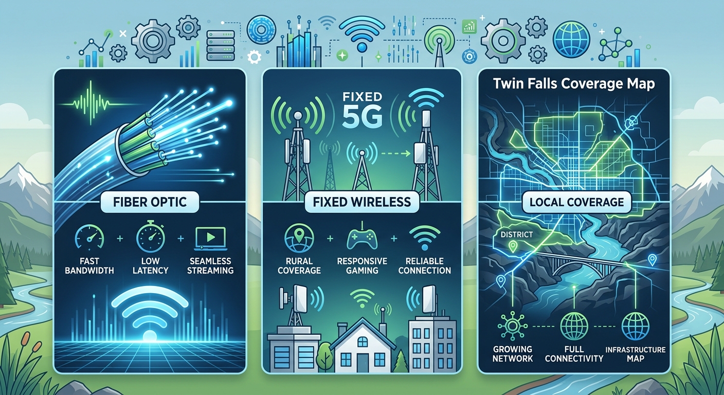 Infographic comparing Fiber Optic, Fixed Wireless, and Local Coverage internet options in Twin Falls with icons and map.
