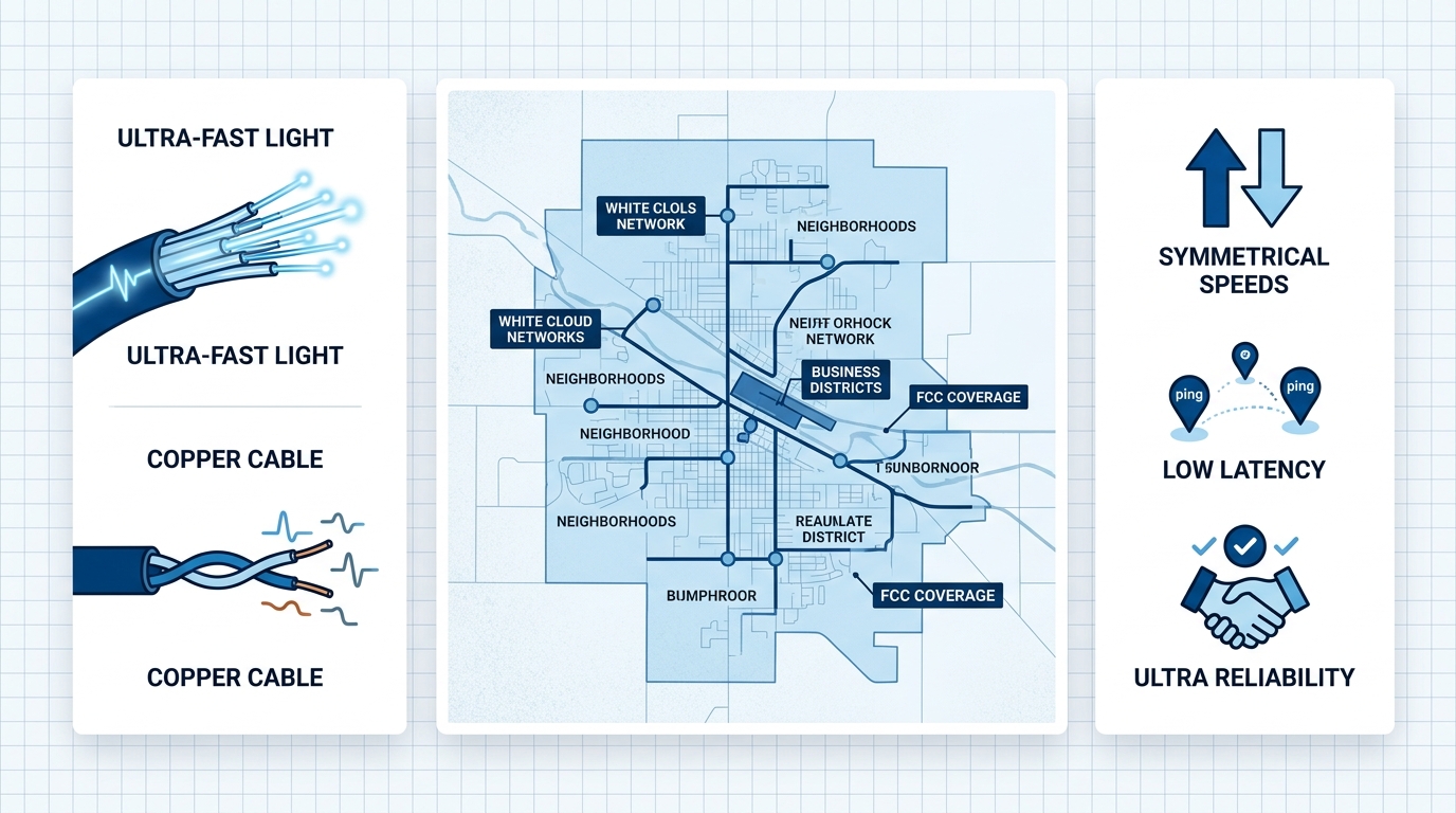 Infographic showing fiber internet basics: light transmission vs copper, Twin Falls deployment map, and speed reliability benefits