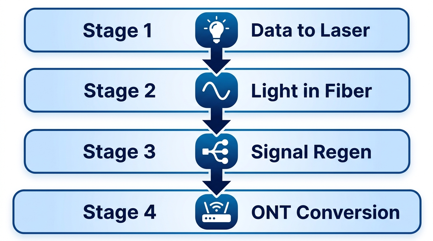 Vertical process flow diagram illustrating four stages of fiber optic signal transmission: data to laser pulses, light travel in fiber, signal regeneration, and conversion at home ONT.