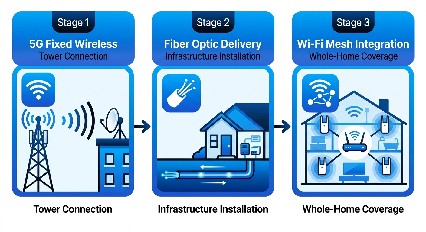Three-stage horizontal process flow diagram illustrating 5G fixed wireless signal from tower, fiber optic delivery to home, and Wi-Fi mesh integration for whole-home coverage by White Cloud Networks in Twin Falls