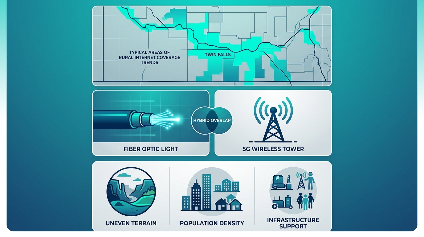 Infographic showing Twin Falls internet options: coverage map, fiber optic and 5G wireless comparison, hybrid solutions, speed factors like terrain and support.