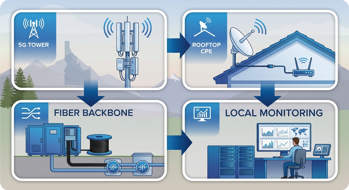 Process flow illustrating White Cloud Networks' broadband delivery stages in Kimberly, Idaho: 5G tower reception, rooftop CPE, fiber integration, and local monitoring.