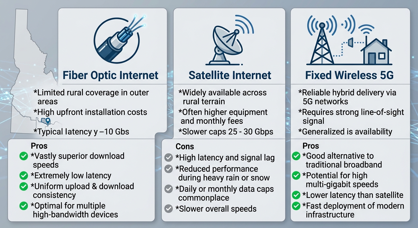 Infographic comparing Fiber Optic, Satellite, and Fixed Wireless 5G broadband options available in Kimberly, Idaho with pros and cons.