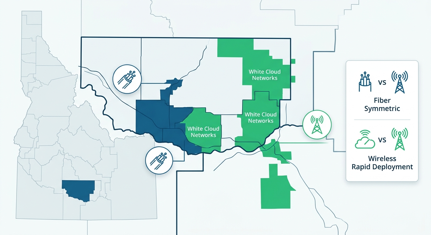 Infographic map showing broadband coverage in Gooding, Idaho with fiber optic in blue and fixed wireless in green zones