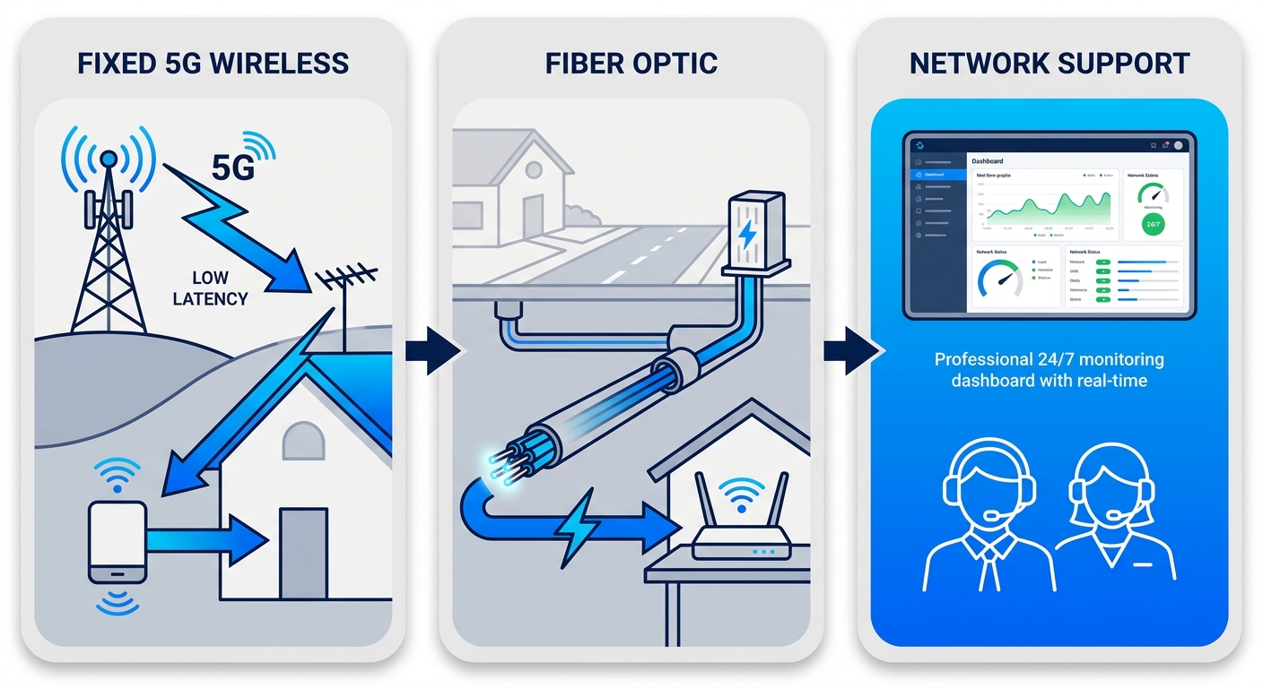 Horizontal three-stage technical illustration of broadband delivery in Gooding: fixed 5G wireless tower to antenna, fiber optic infrastructure to router, network support monitoring.