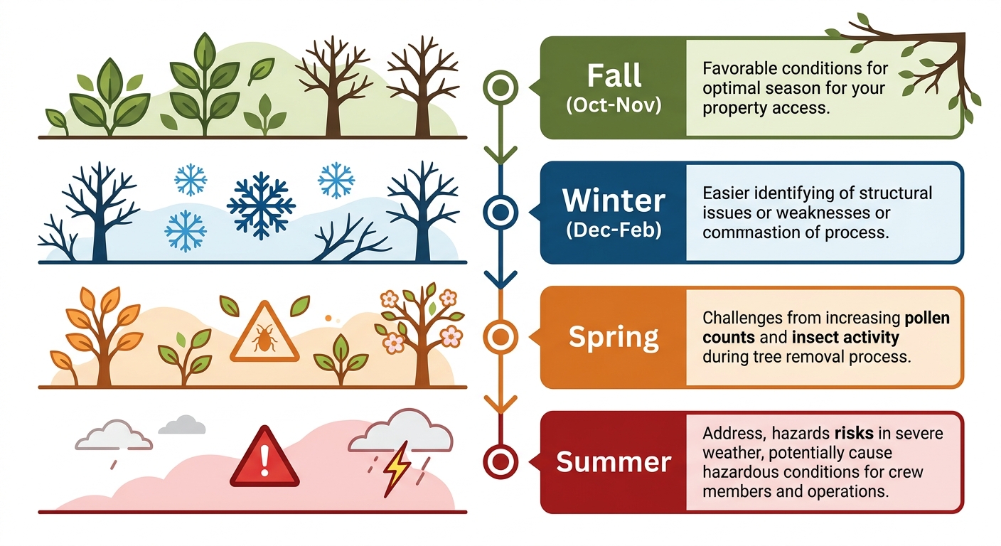Tree Removal Services Shreveport 1 Vertical timeline of best seasons for tree removal scheduling in Shreveport Louisiana climate with seasonal markers and icons