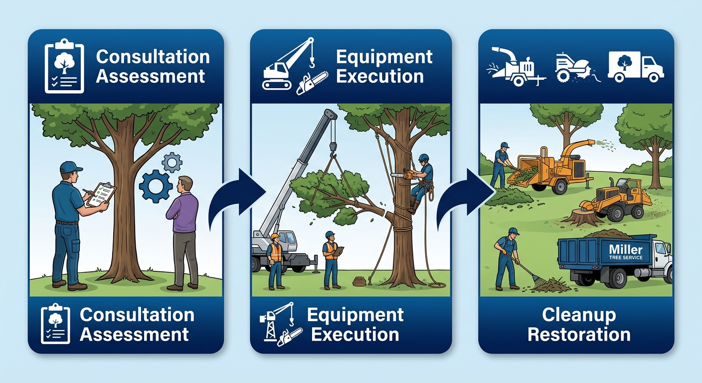 Tree Removal Services Shreveport 2 Horizontal process flow diagram illustrating three stages of professional tree removal: consultation assessment, equipment execution, and cleanup restoration with relevant icons.