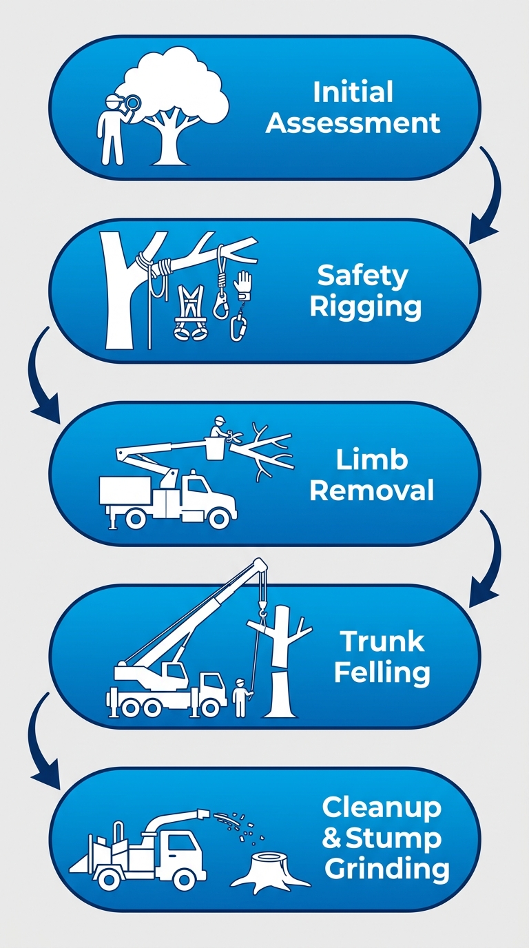 Vertical process flow diagram illustrating 5 stages of professional tree removal: assessment, safety rigging, limb removal, trunk felling, and cleanup.