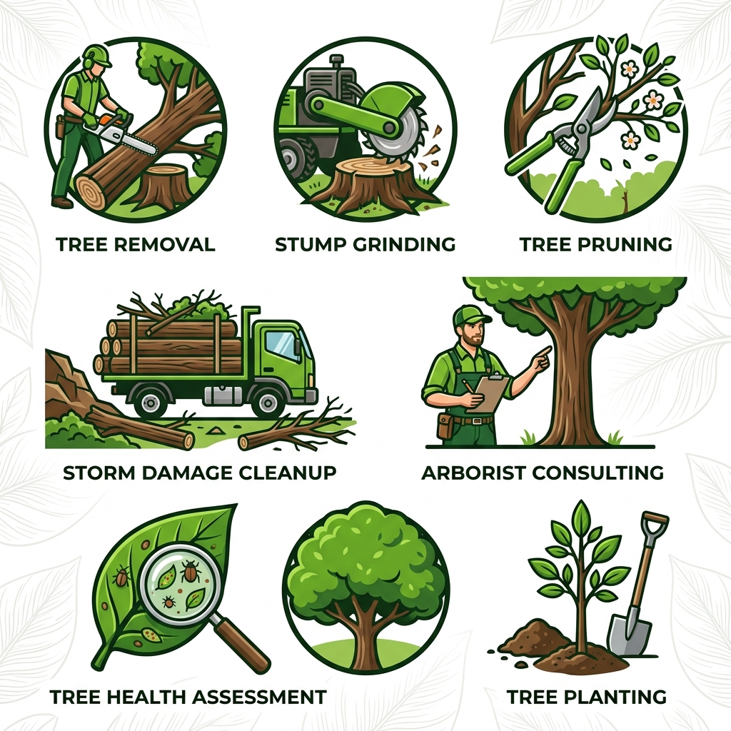 Grid of seven modern flat icons depicting essential tree services: removal, stump grinding, pruning, storm cleanup, arborist consulting, health assessment, and planting