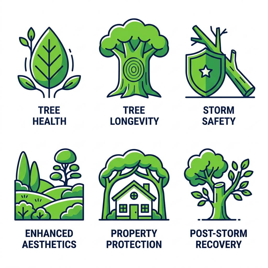 Tree Trimming Services Shreveport 2 Square grid of 6 icons illustrating benefits of professional tree trimming: Tree Health, Longevity, Safety, Aesthetics, Property Protection, Storm Recovery.
