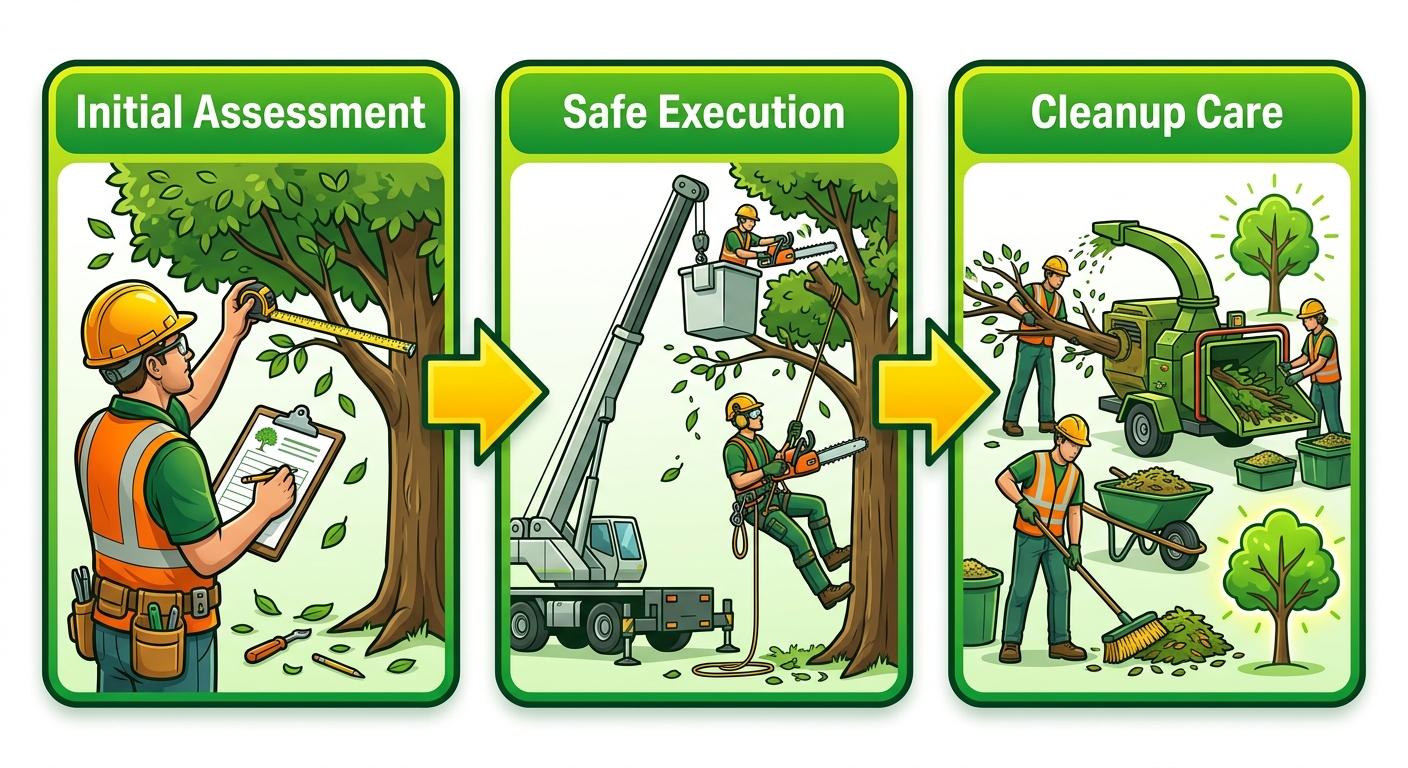 Tree Trimming Services Shreveport 1 Horizontal process flow diagram of professional tree trimming stages: assessment, execution, and cleanup with safety icons.