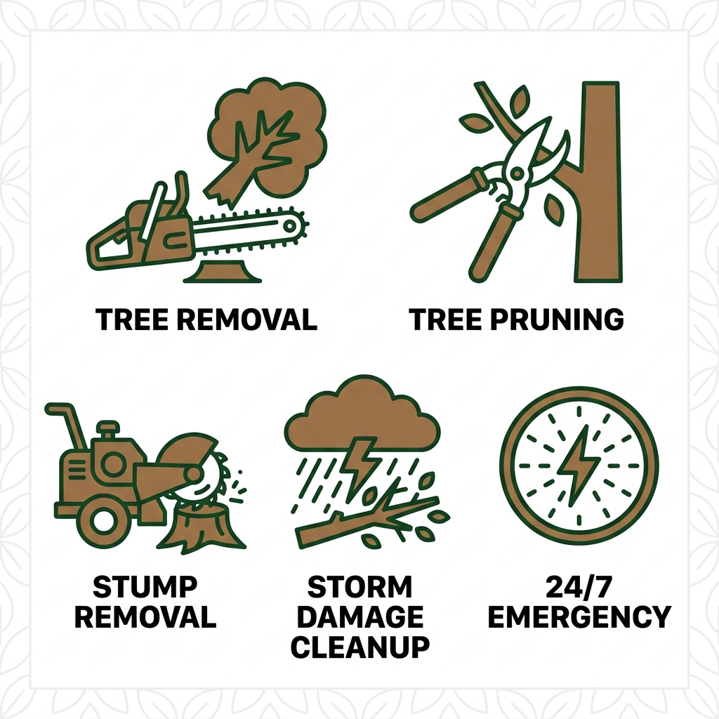 Square grid of five tree service icons representing removal, pruning, stump grinding, storm cleanup, and emergency response for Shreveport tree care.
