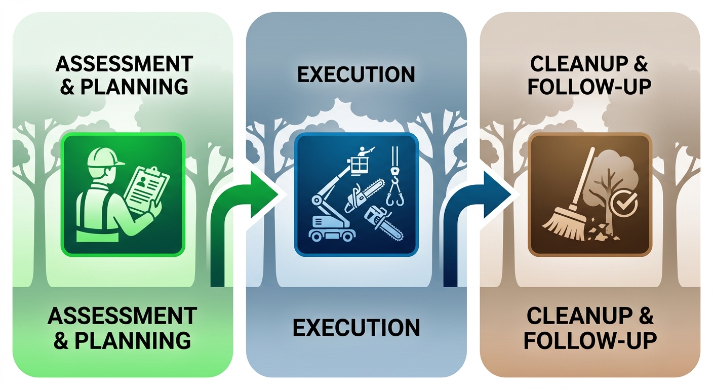 Horizontal process flow diagram of professional tree services in Shreveport: assessment and planning, execution with equipment, cleanup and follow-up.
