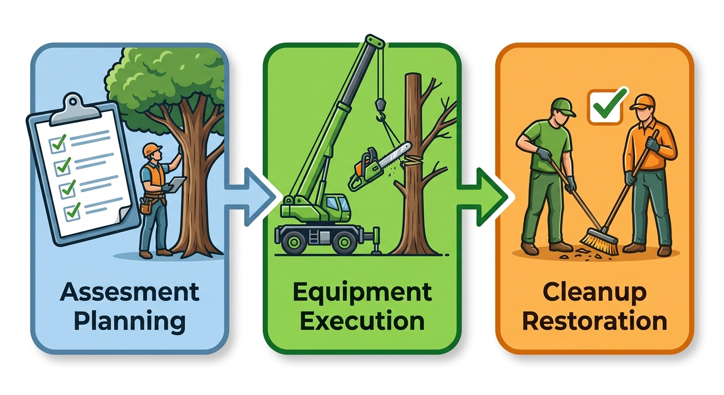 Tree Removal Shreveport La 1 Horizontal process flow diagram illustrating three stages of professional tree removal: assessment, execution with equipment, and cleanup restoration