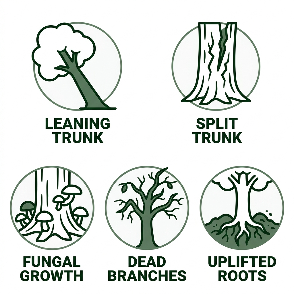 Tree Removal Shreveport La 2 Grid of five outline icons depicting tree hazards: leaning trunk, bark cracks, fungal growth, dead branches, and soil heaving, dark green on white.